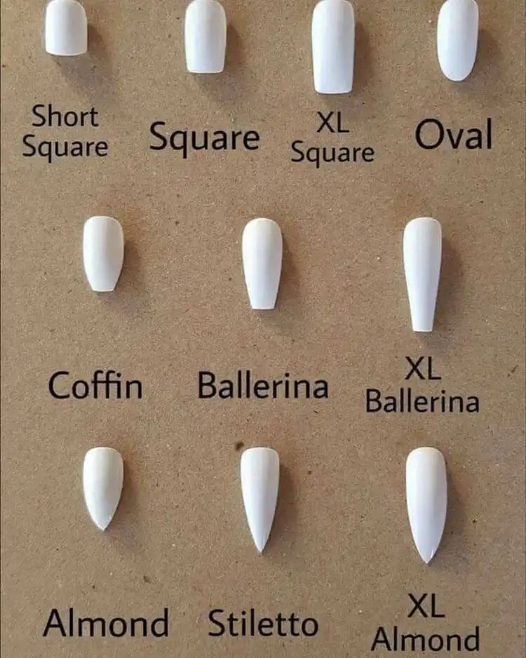Chart illustrating the difference between various acrylic nail shapes, including coffin, almond, square, and oval to determine desired nail shape