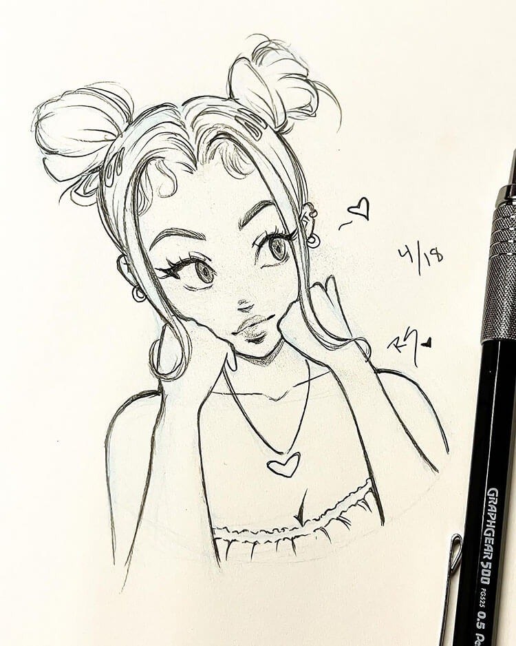 How to Get Better at Drawing for Beginners - 30 Day Drawing Challenge 1 Sketch of a woman's head with flowing hair, demonstrating how to approach drawing human figures as a beginner