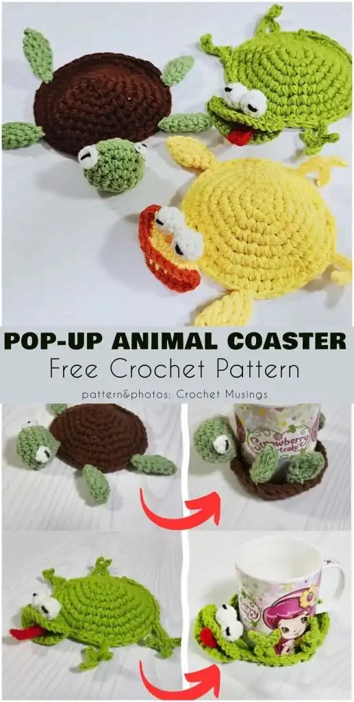 The 15+ Best Animal Coaster Free Crochet Patterns 20 Two crocheted spider coasters, one black and one purple, with eight legs and googly eyes, on a dark surface. Text reads 'Spider Coasters Free Crochet Pattern'.