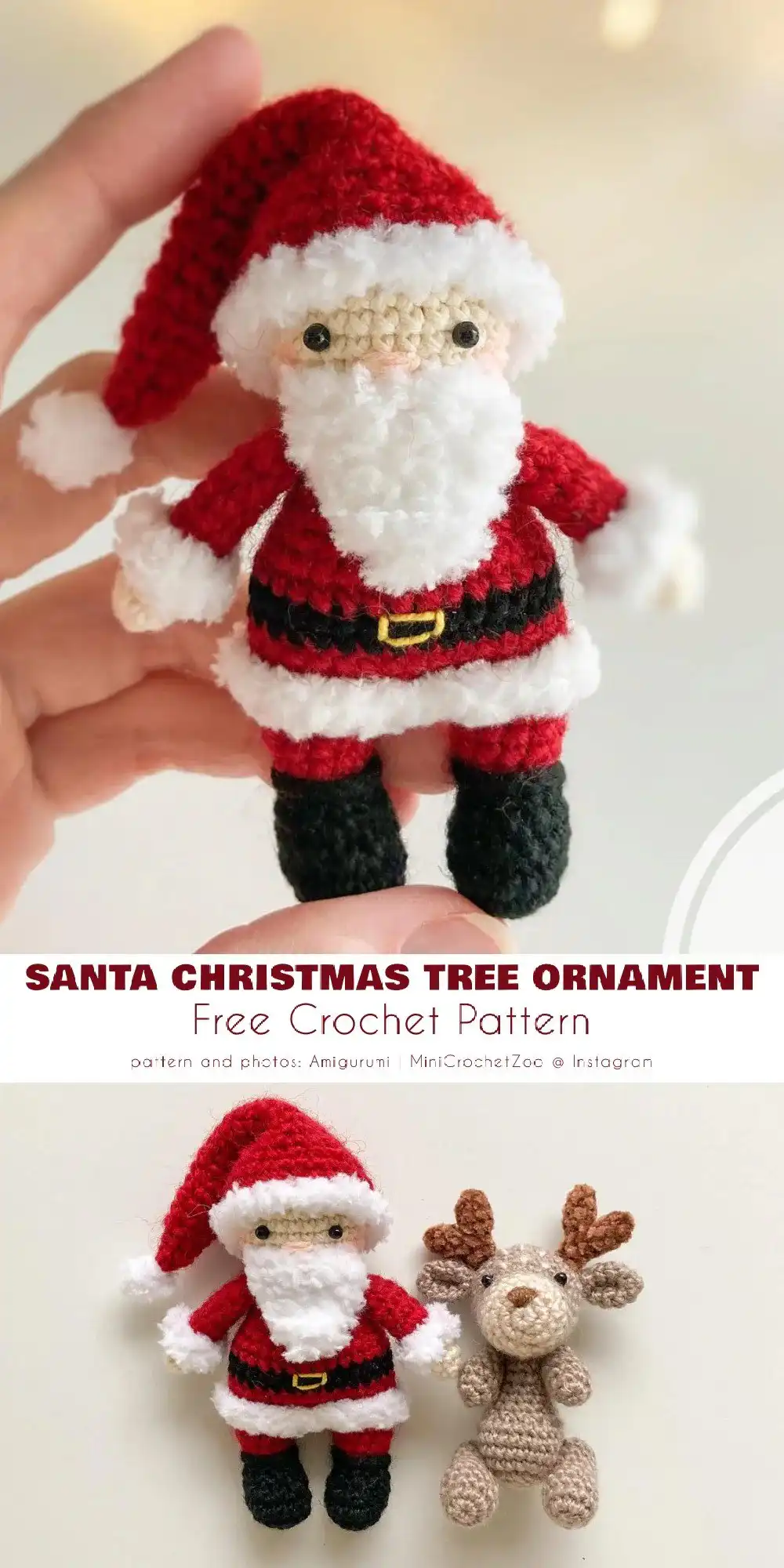 Close-up of a Classic Jolly Santa Face Ornament crocheted with red and white yarn, featuring embroidered eyes and a cheerful smile.
