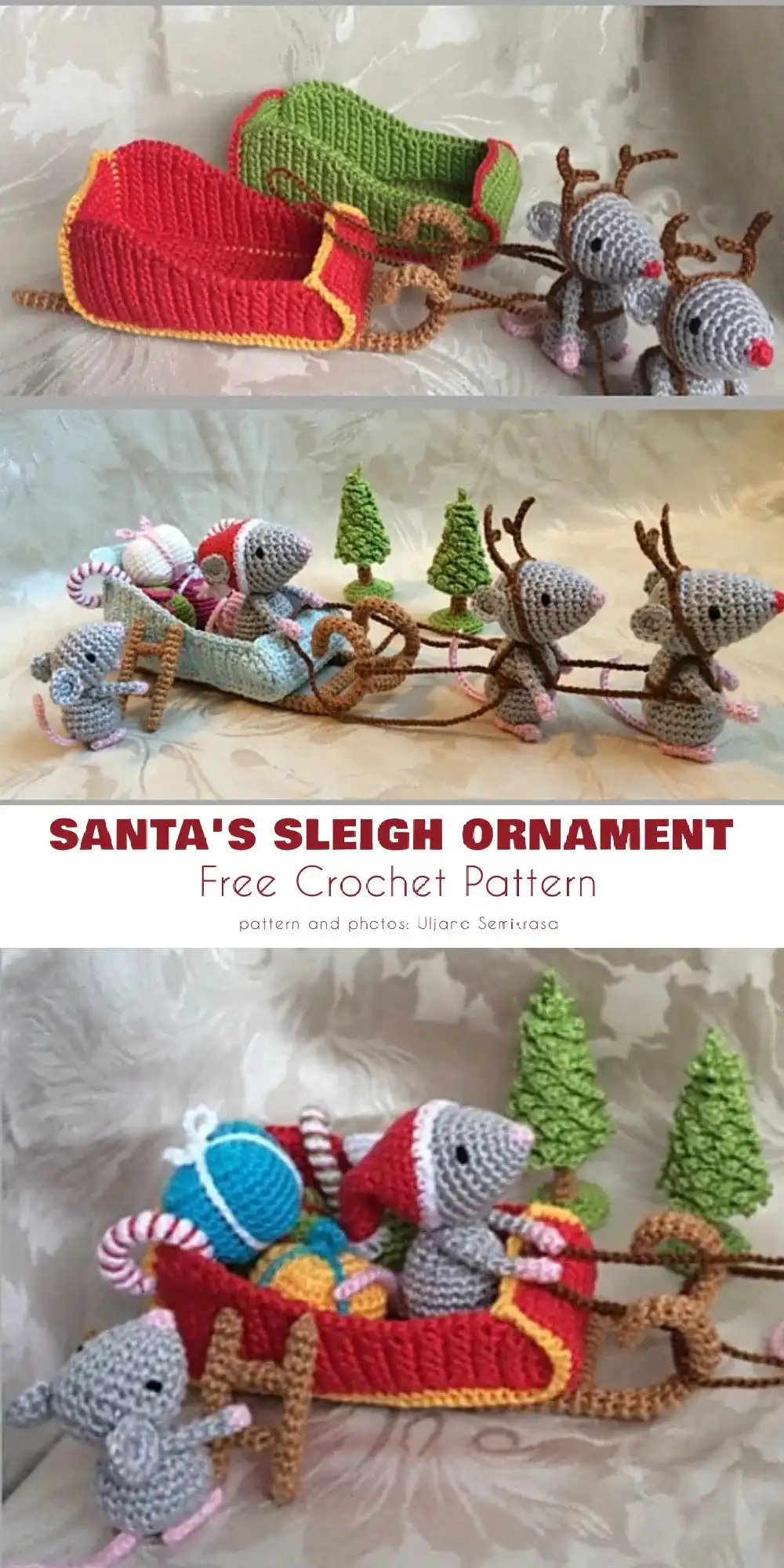 A cozy Scandi-Style Santa Gnome crochet ornament, with a tall pointed hat, long white beard, and a small nose.