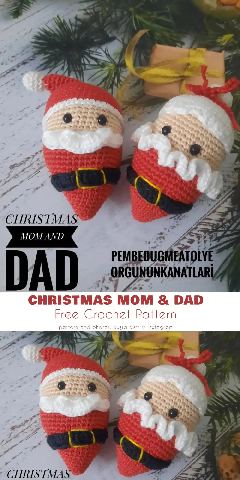 A miniature crochet Santa Hat Ornament in bright red and white yarn, topped with a small fluffy pom-pom, hanging on a Christmas tree branch.