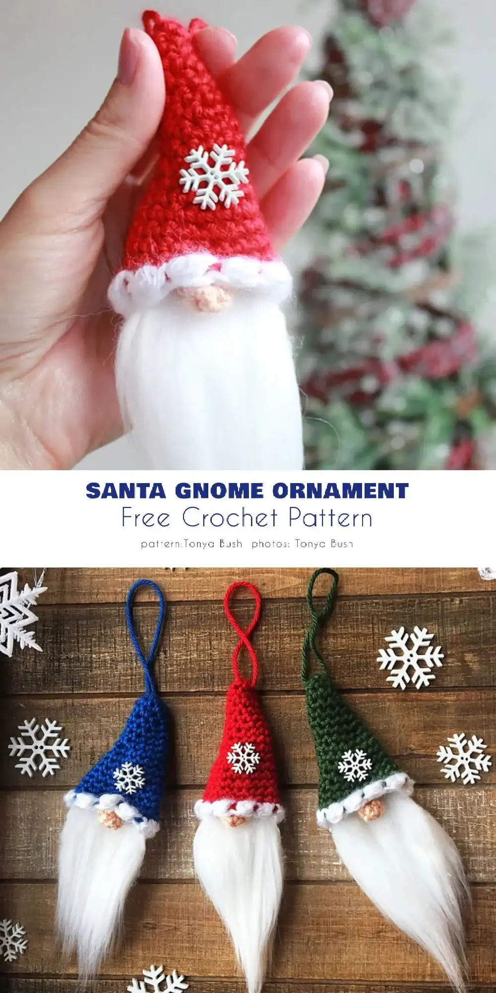 A small, festive crochet Santa's Boot Ornament in bright red with white trim, designed to hang on a Christmas tree.