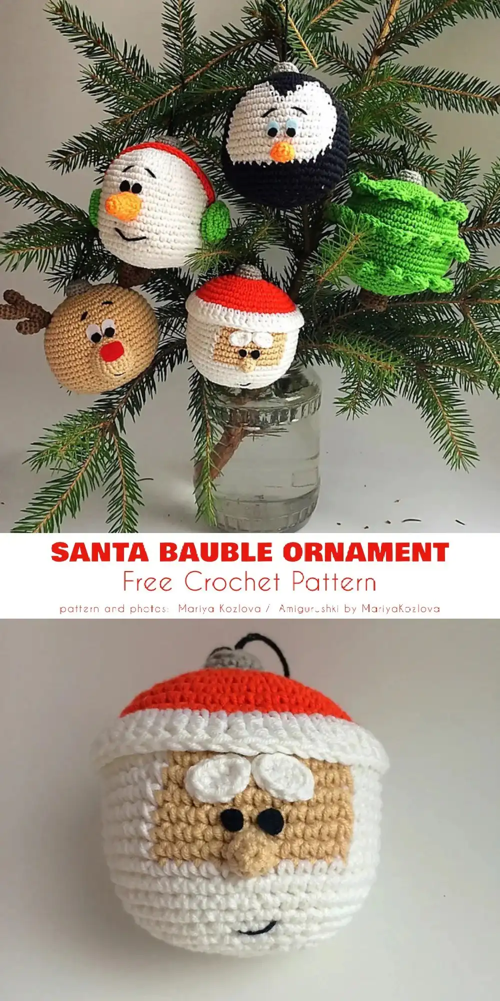 A modern, flat crochet Santa Silhouette Ornament in red and white, showing clean lines and minimalist design.