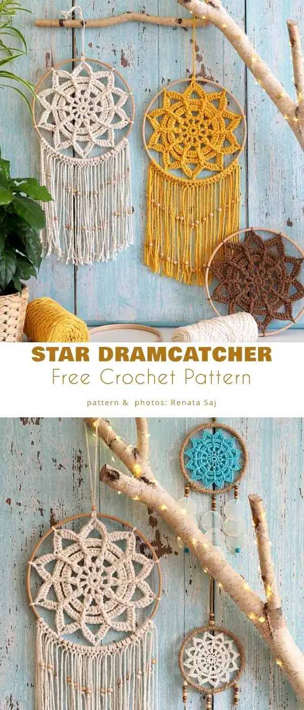 10 Best Free Crochet Wall Hanger Patterns For Home Decor 12 Star Dreamcatcher crochet wall hanging inspired by Native American art for serene home decor