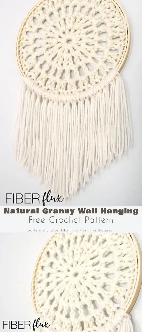 10 Best Free Crochet Wall Hanger Patterns For Home Decor 14 Natural Granny Wall Hanging crochet with simple stitches on a wooden hoop for rustic home decor