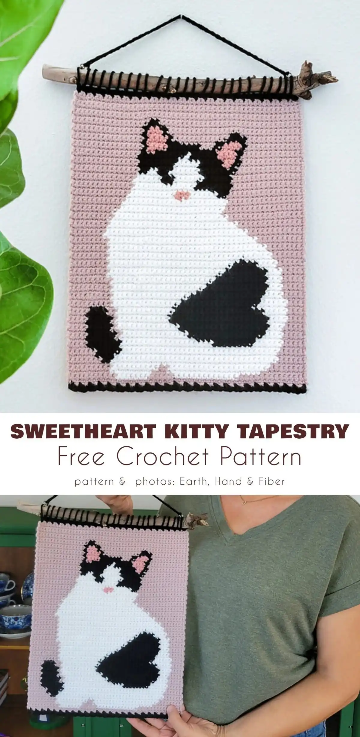 10 Best Free Crochet Wall Hanger Patterns For Home Decor 3 Sweetheart Kitty Tapestry crochet wall hanging with heart and cat motif for home decor