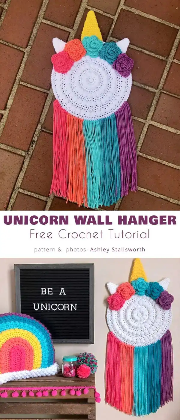 10 Best Free Crochet Wall Hanger Patterns For Home Decor 10 Magical Unicorn Wall Hanger crochet with rainbow colors for whimsical home decor