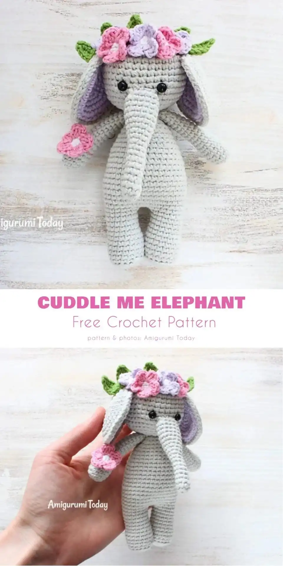 Soft grey classic cuddly elephant amigurumi with rounded ears and small tail.