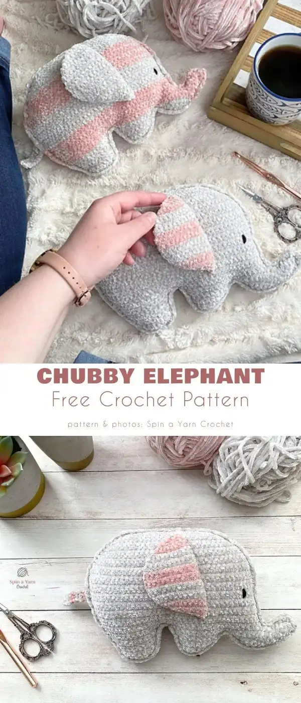 Sleepy elephant amigurumi wearing a tiny blue nightcap, with embroidered closed eyes.