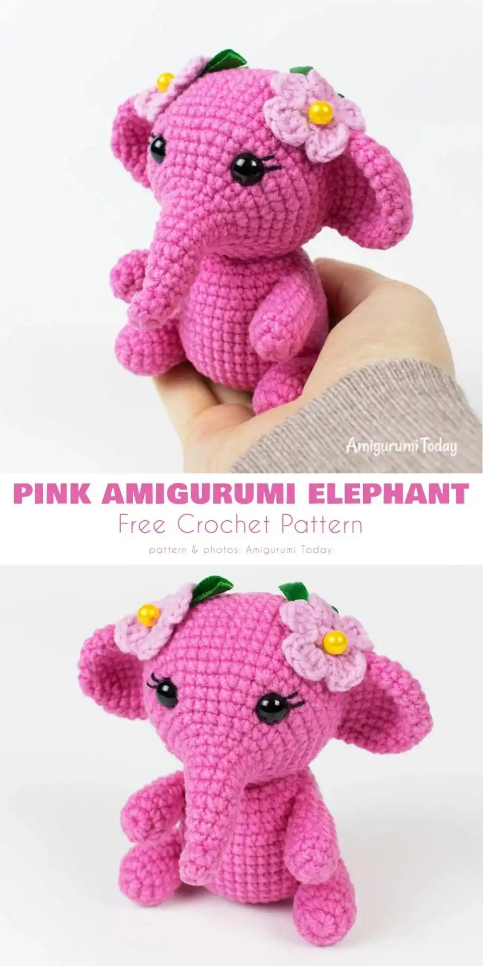 Cute baby elephant amigurumi rattle in pastel yellow with a hidden sound insert.