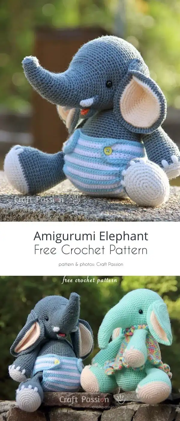 Playful striped elephant amigurumi in vibrant blue and white, standing upright.