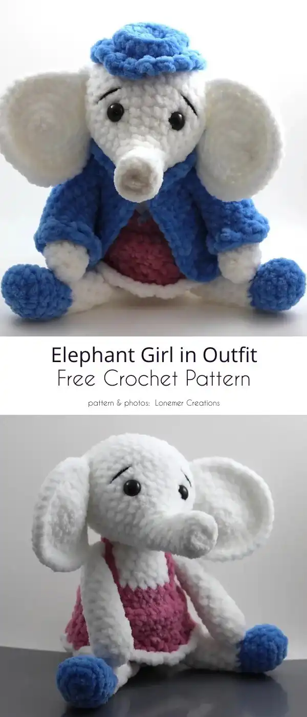 Sweet sitting elephant amigurumi buddy with large eyes and a friendly expression.