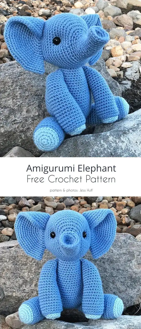 Charming grey elephant amigurumi wearing a miniature striped red and white scarf.