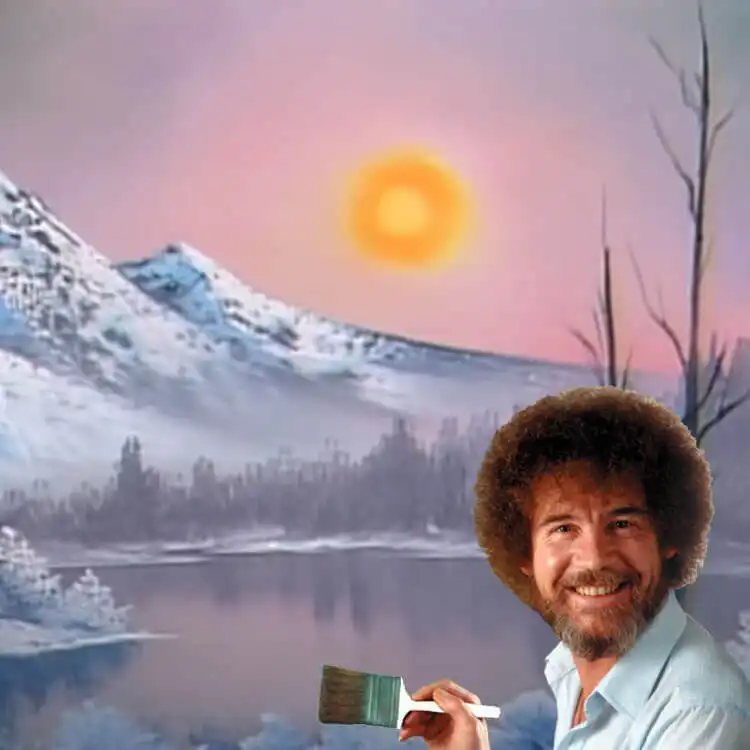 A serene Bob Ross landscape painting featuring happy trees and mountains, ideal for beginners.