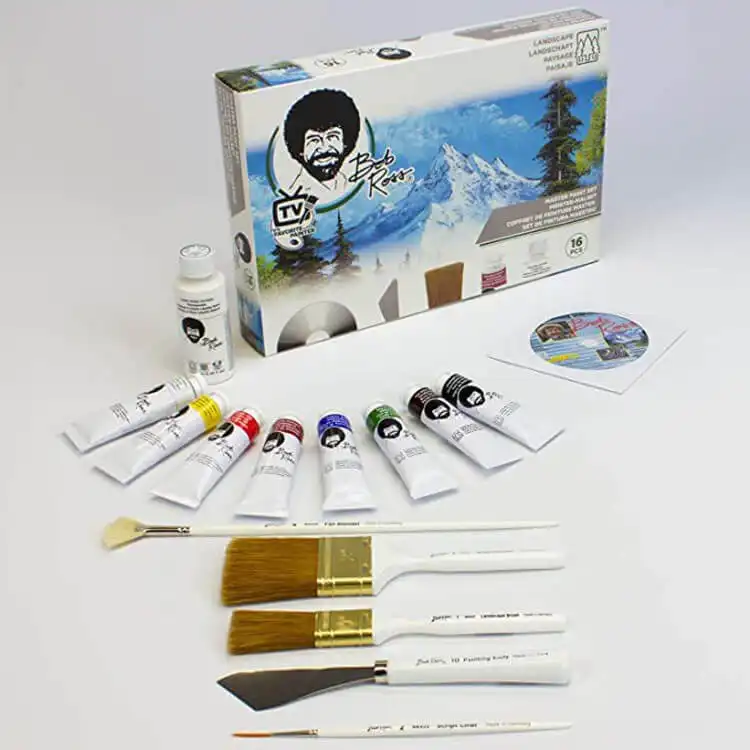 10 Bob Ross Paintings for Beginners 2 A complete Bob Ross Master Paint Set with oil colors, brushes, and palette knife.
