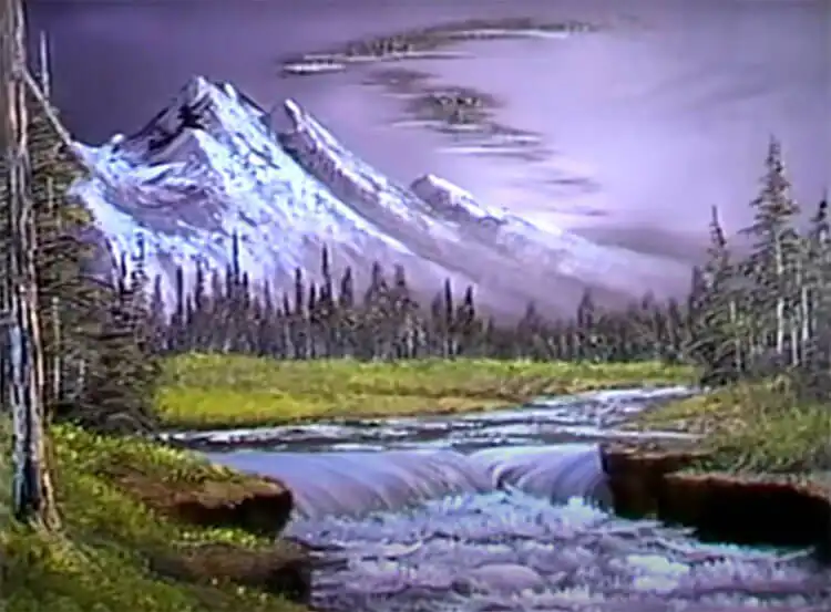 10 Bob Ross Paintings for Beginners 11 Bob Ross 'Arctic Beauty' painting showing a purple night sky over mountains and a river.