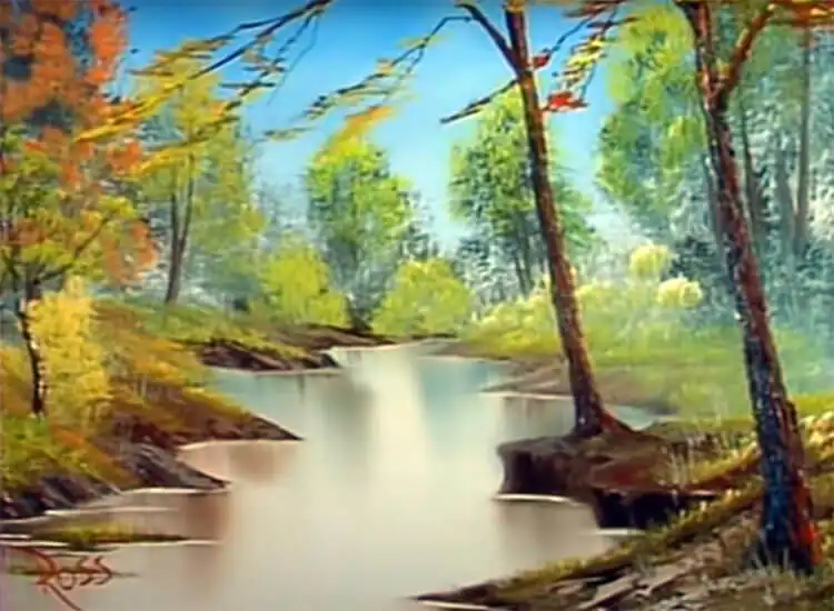 10 Bob Ross Paintings for Beginners 12 Bob Ross 'Lazy River' painting of a calm river flowing through a green forest.