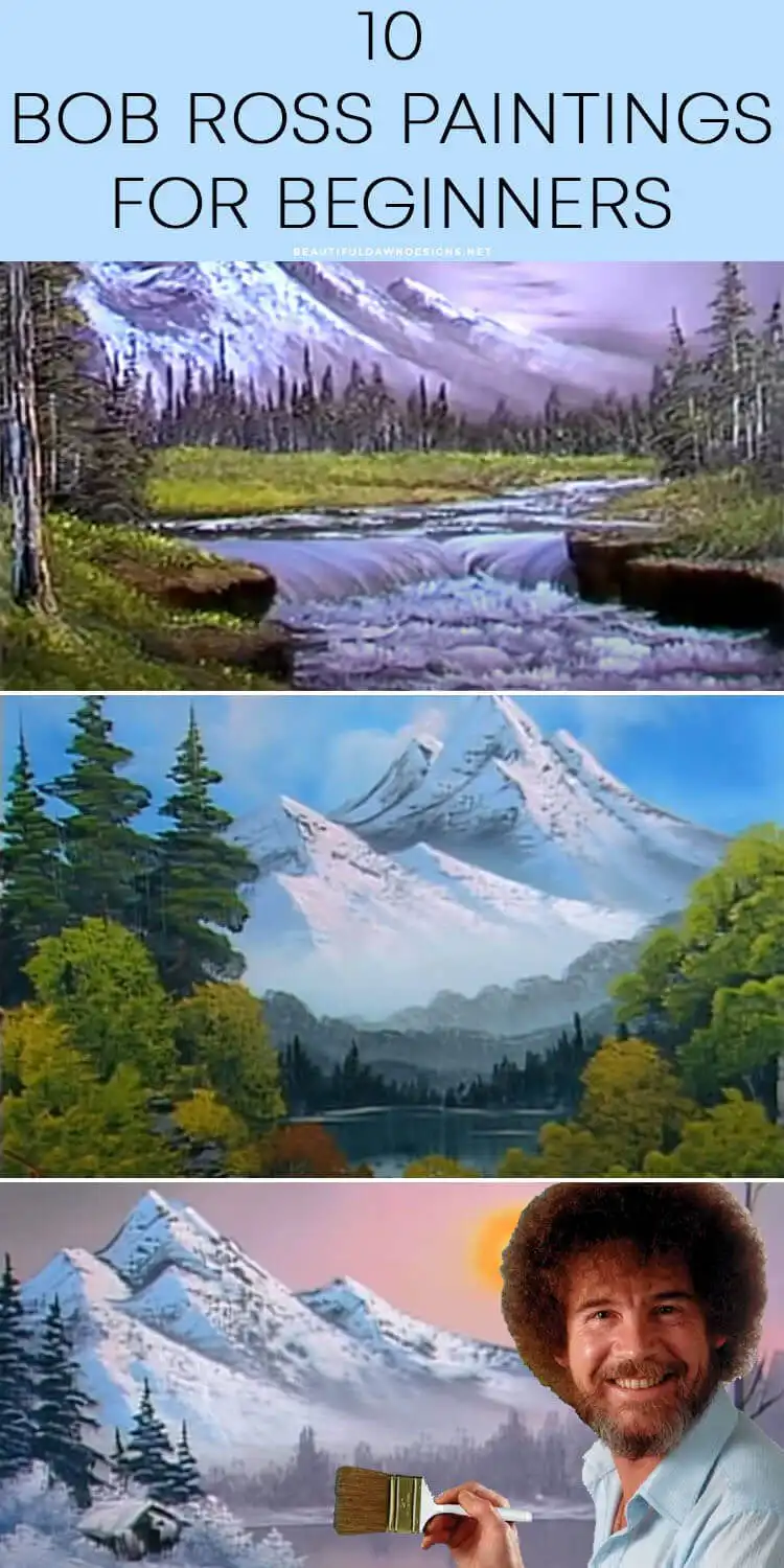 10 Bob Ross Paintings for Beginners 13 A completed Bob Ross style landscape painting with happy trees and a cabin by a lake.