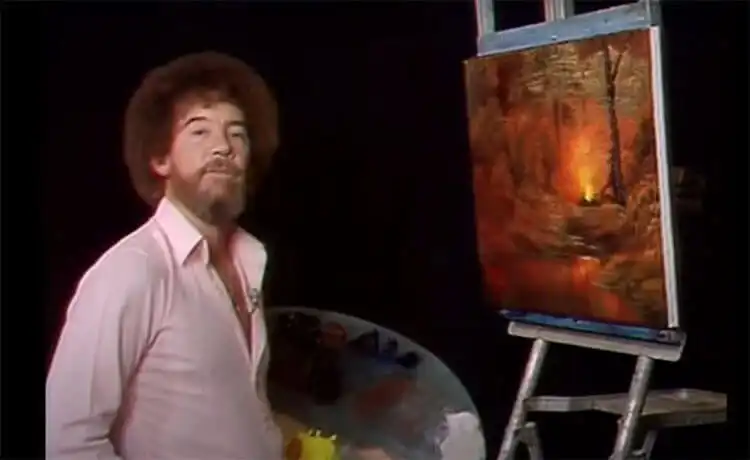 10 Bob Ross Paintings for Beginners 4 Bob Ross 'Campfire' painting depicting a glowing campfire at night in a forest.