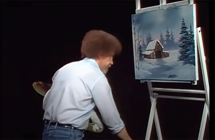 10 Bob Ross Paintings for Beginners 10 Bob Ross 'In the Midst of Winter' painting with a barn and falling snow.