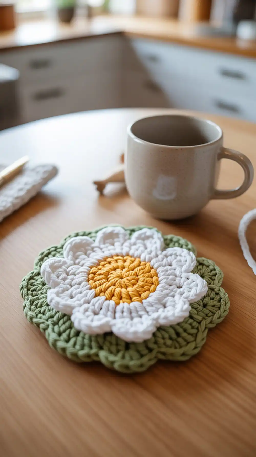 Close-up of a classic crochet daisy coaster with white petals, a yellow center, and a neat green rim, ready for a mug.