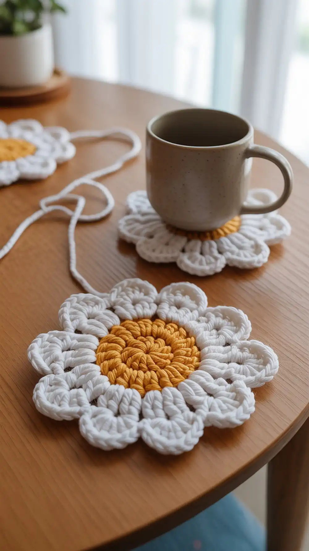 A simple white and yellow crochet daisy coaster, ideal for beginners, showcasing basic stitches and sturdy construction.