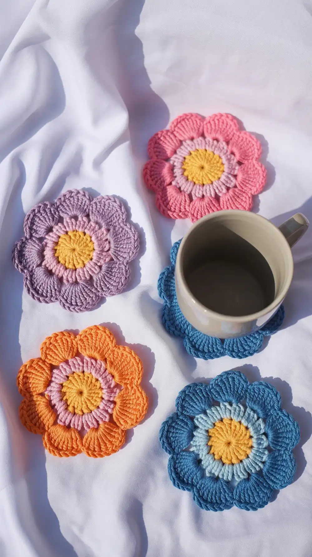 Stack of colorful crochet flower coasters in pink, purple, orange, and blue, demonstrating a mix-and-match petal palette.