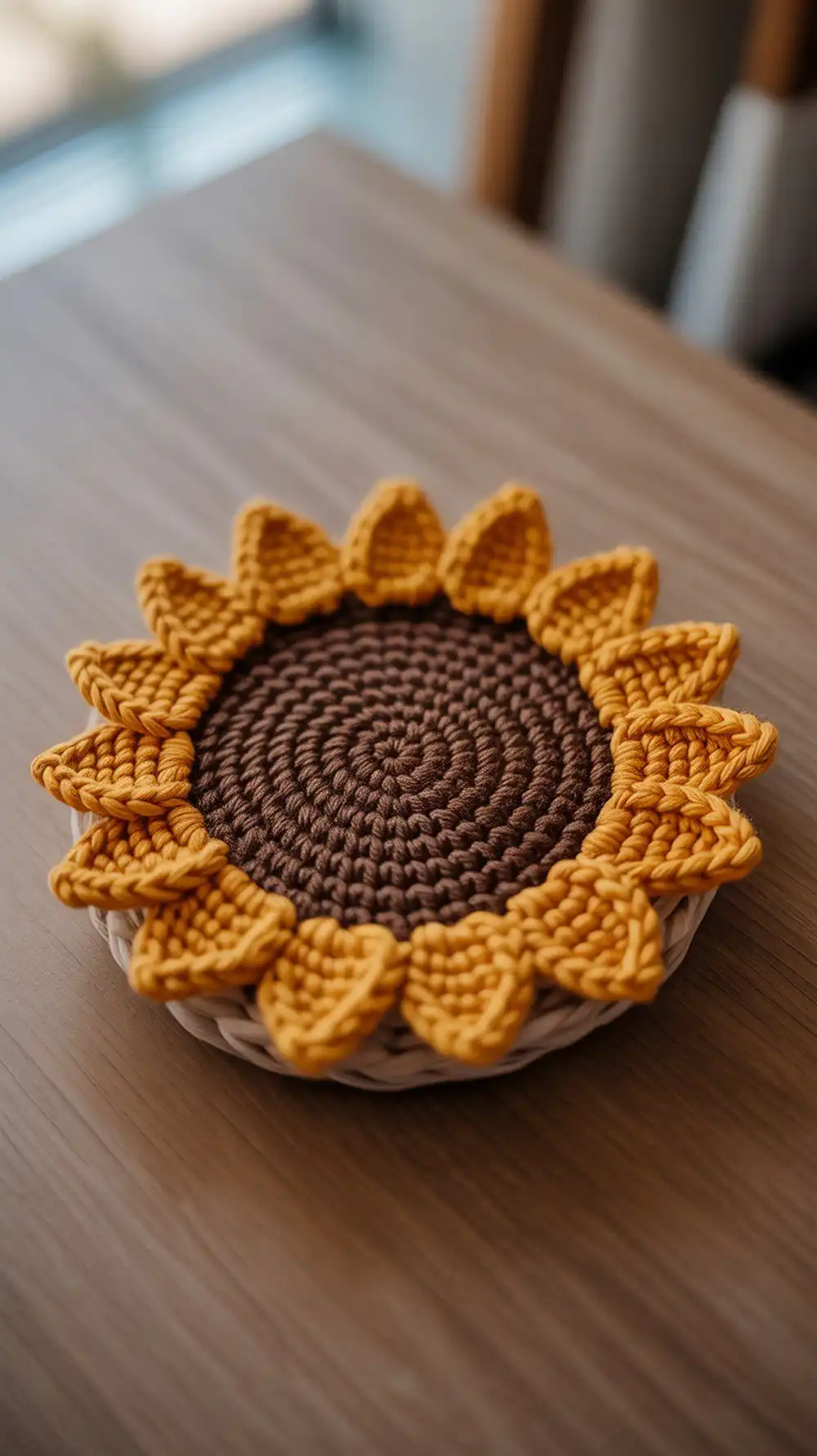 A cheerful crochet sunflower coaster with a dark brown center and bright golden petals, placed on a light surface.
