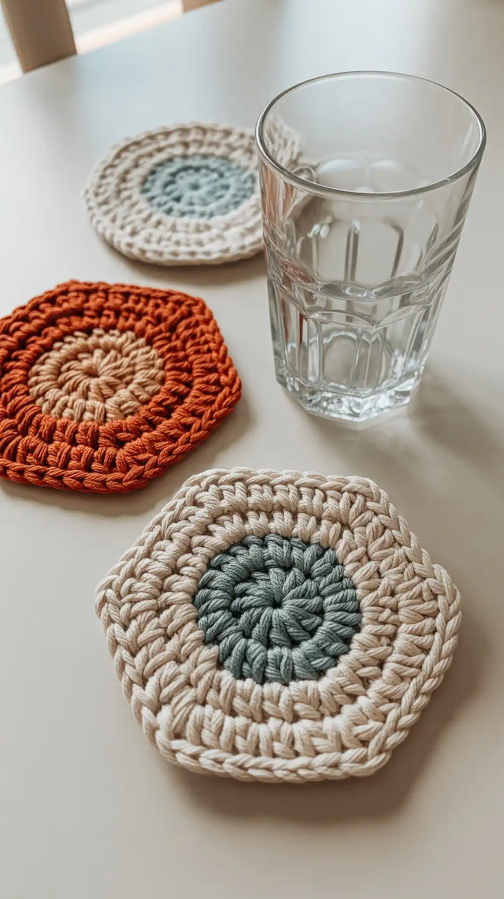 Textured crochet hexagon coaster with puff-stitch petals in earthy rust, cream, and blue, showcasing geometric floral vibes.