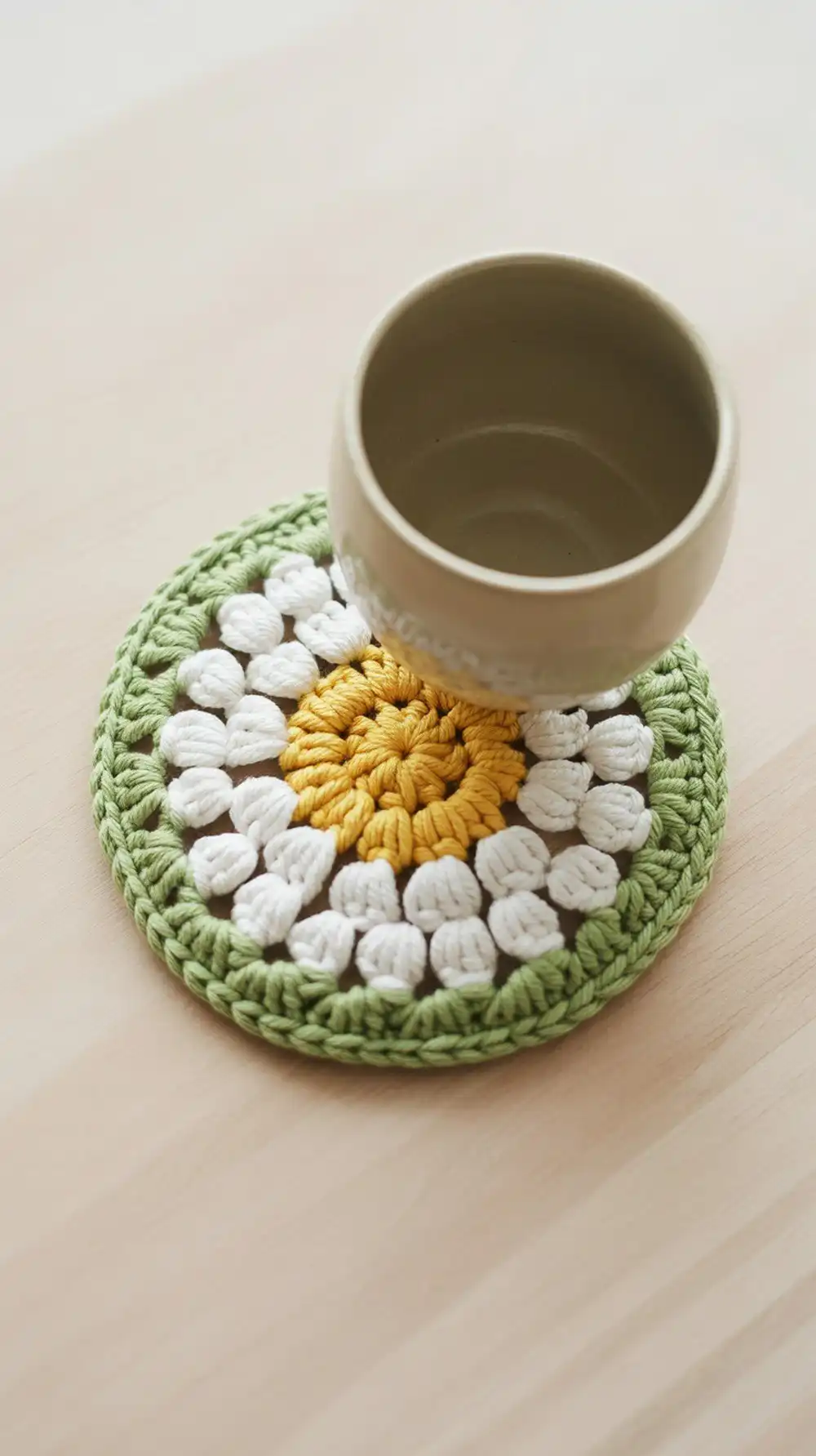 Detailed view of a crochet daisy coaster with a sunny yellow center, white petals, and a fresh green border with white trim.
