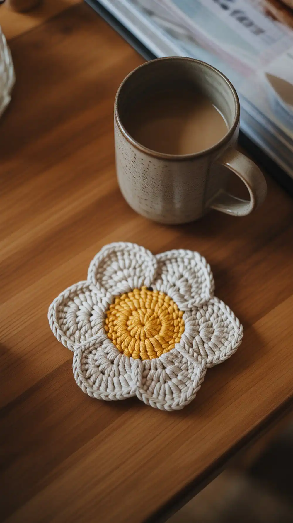 A modern crochet flower coaster with six bold, oversized white petals and a bright yellow center, showcasing clean shaping.