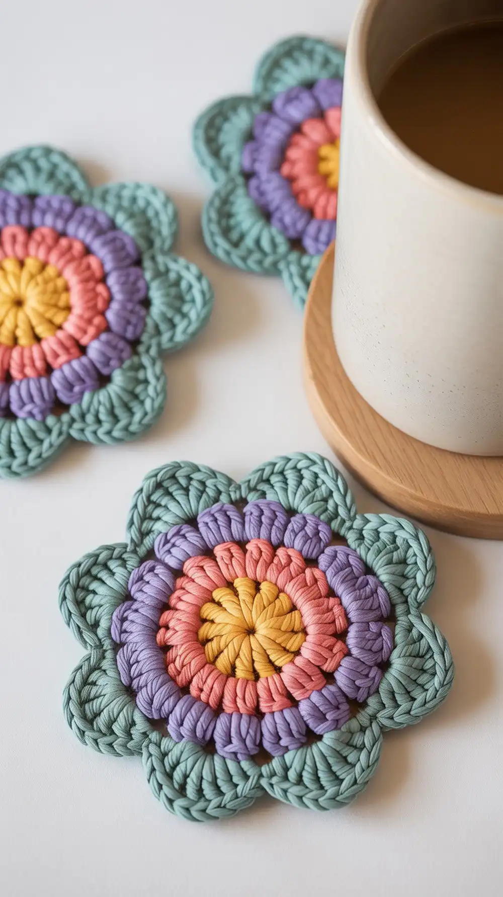 A brightly colored crochet flower coaster with teal, purple, and coral petals surrounding a yellow center, like a rainbow.