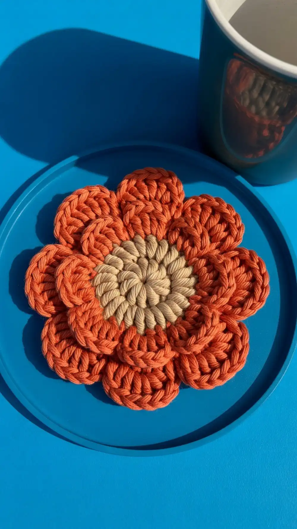 A 3D crochet flower coaster with dimensional tangerine petals layered over a robin's-egg blue base, offering a plush look.