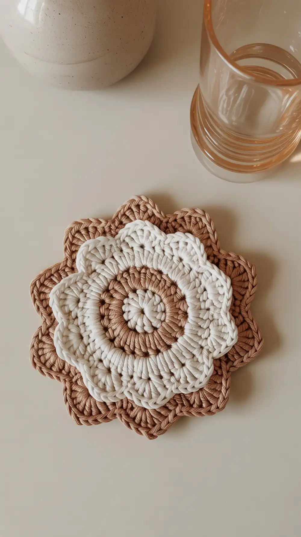 An elegant two-tone crochet flower coaster featuring layered petals in a contrasting color against a neutral base.