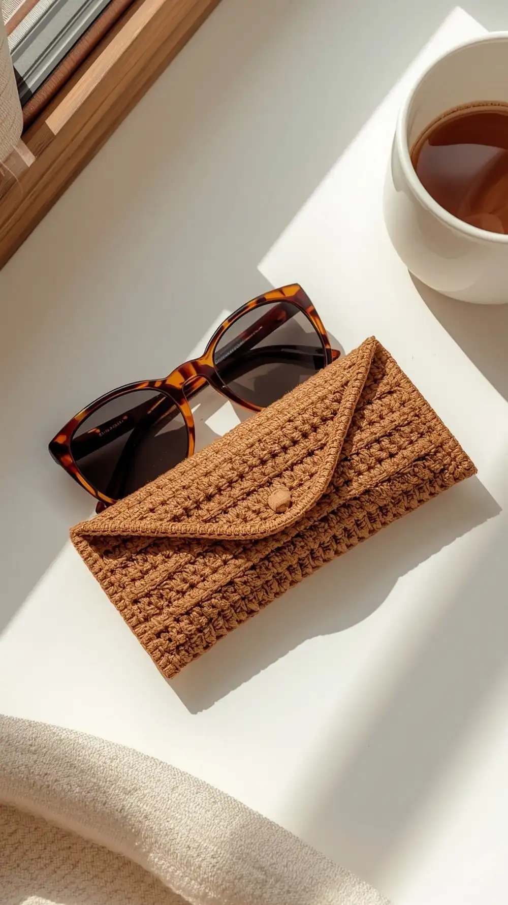 Suzette-Stitch Sunglasses Case in warm tan, displaying its dense, reversible texture and simple strap closure.