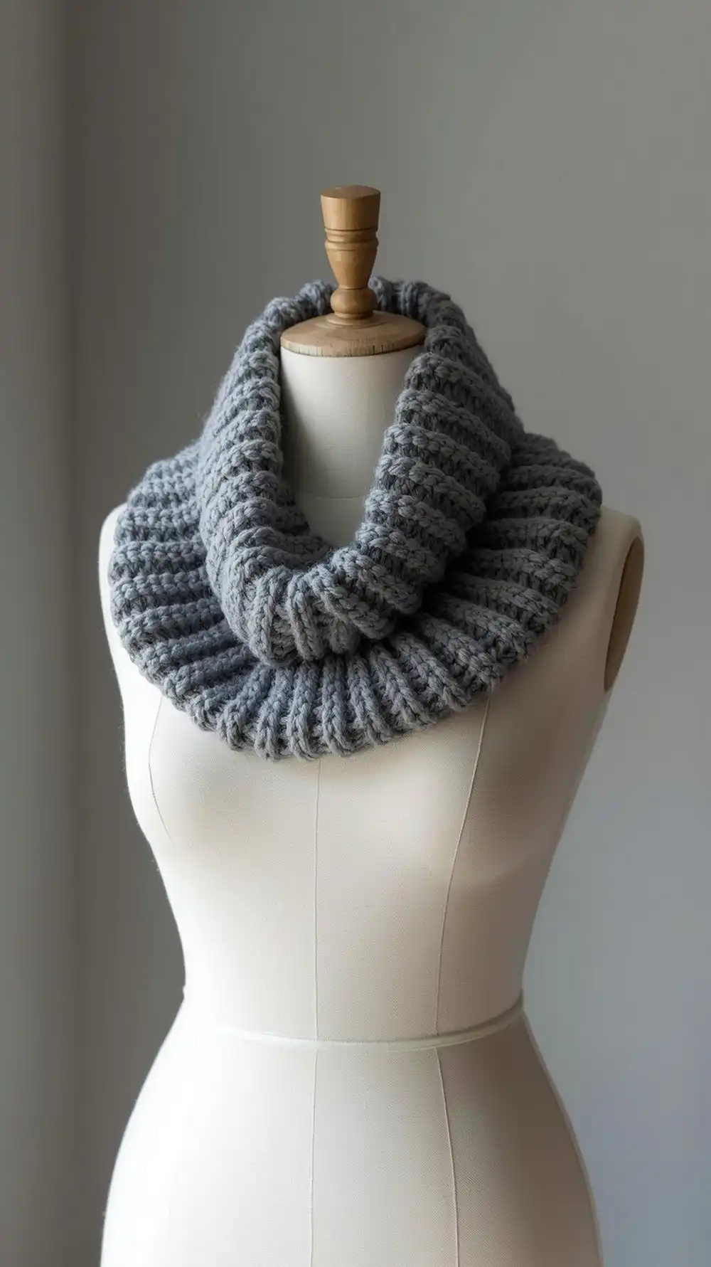 Crocheted Rib Cowl in Storm Gray, displaying its knit-look texture and close-fitting design, draped elegantly.