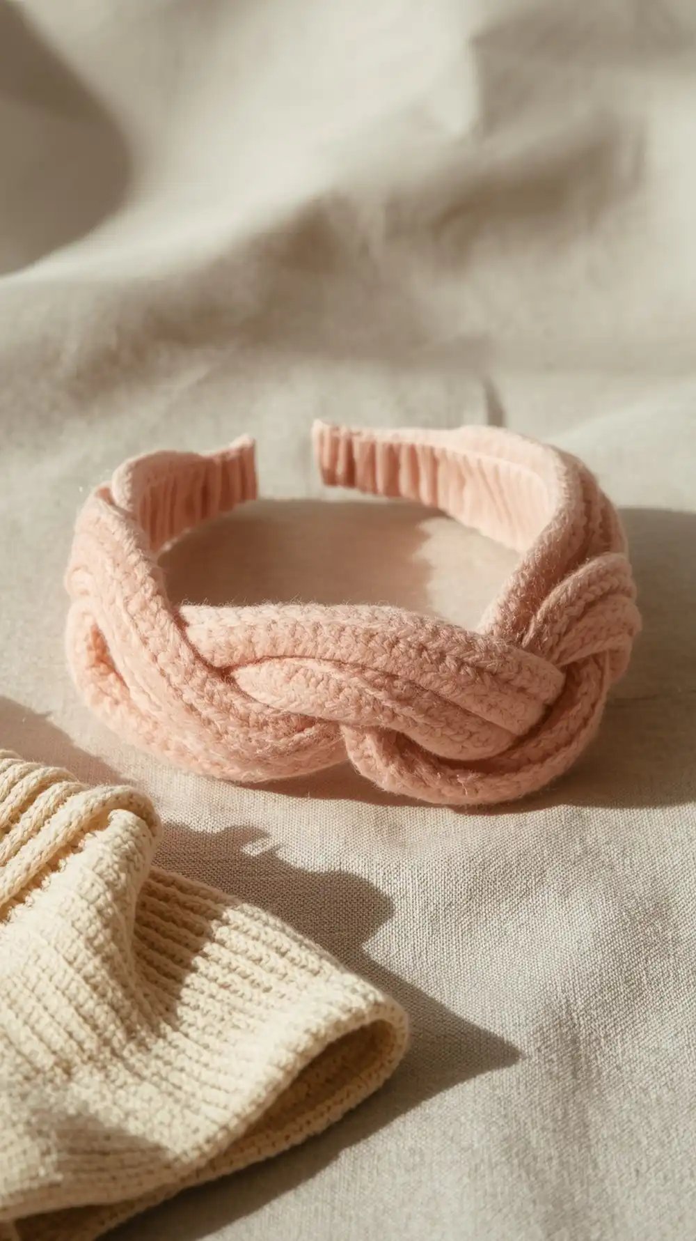 Easy Velvet Twist Headband in a soft blush color, showing the seamless twisted detail and plush texture.
