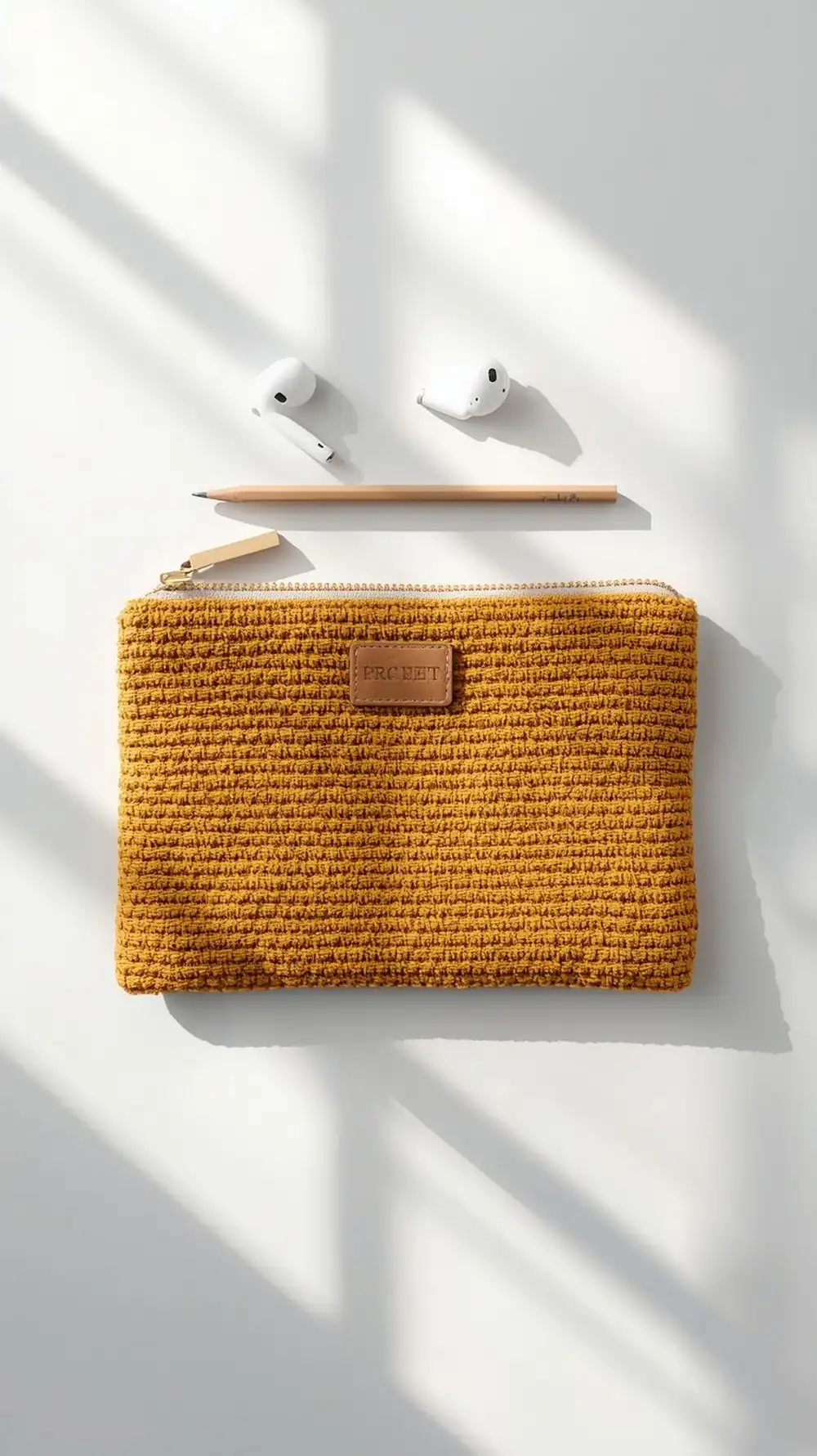 Star Stitch Zip Pouch in goldenrod cotton, highlighting the crisp star stitch pattern and slim profile.