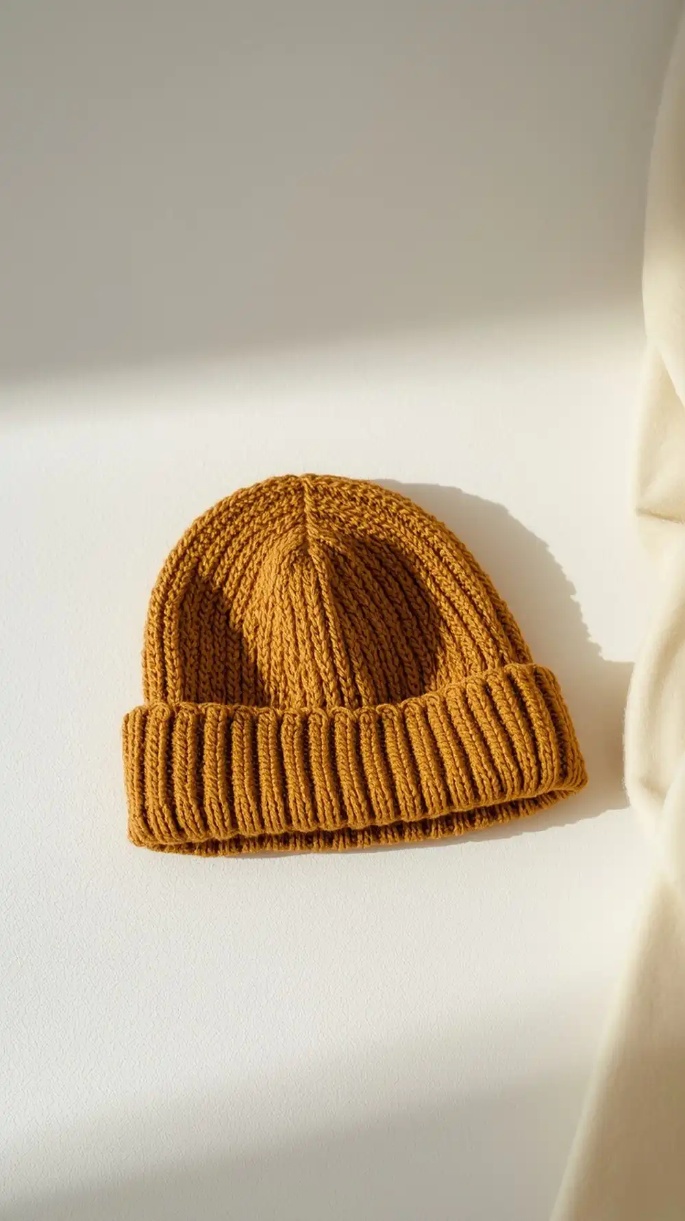 Ribbed Wonder Beanie in a muted gold color, showcasing its fold-brim and vertical ribbed texture.