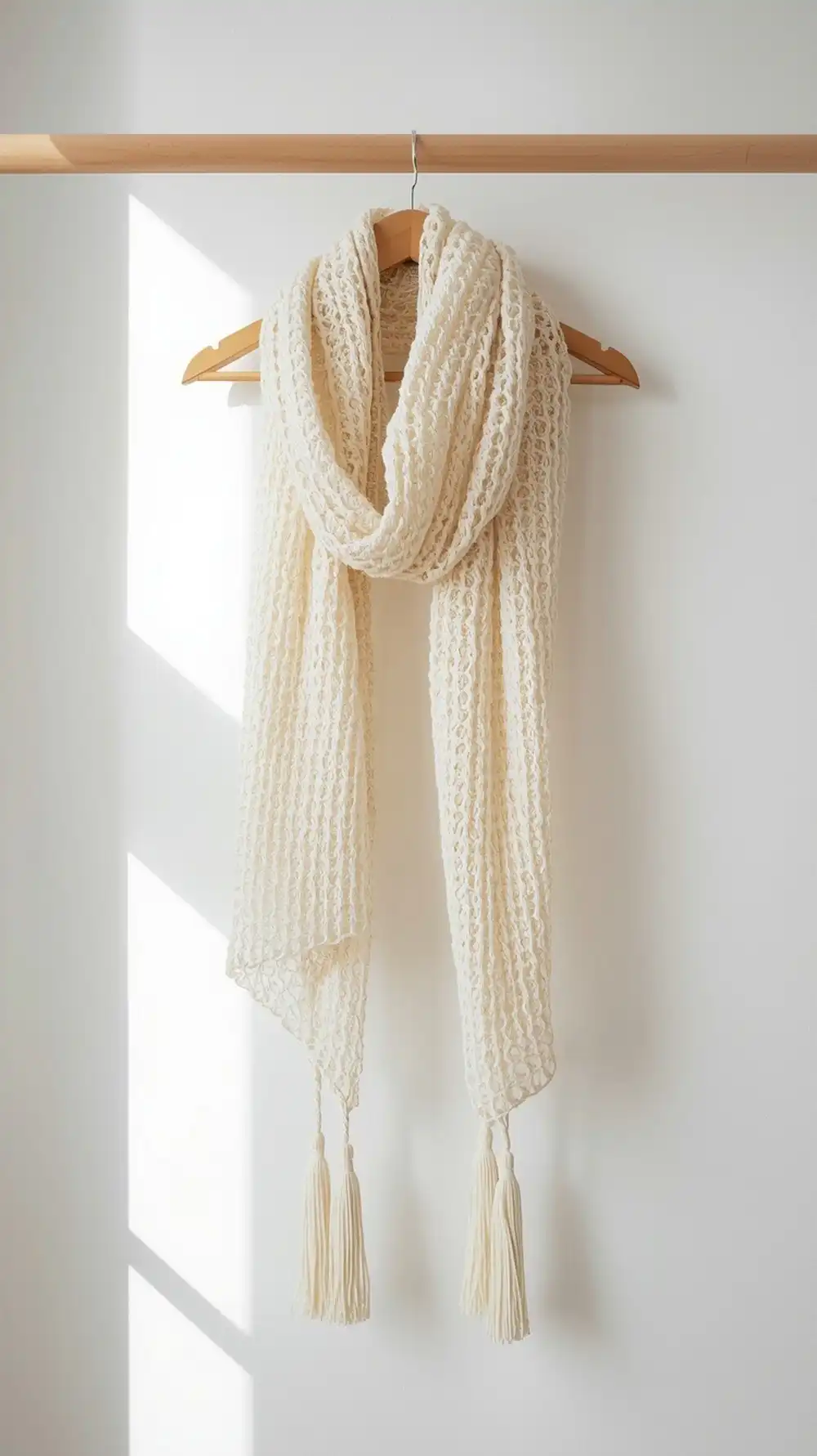 Super Simple Vanilla Wrap Scarf in Alabaster bulky yarn, showing its long, drapey rectangle shape with subtle tassels.