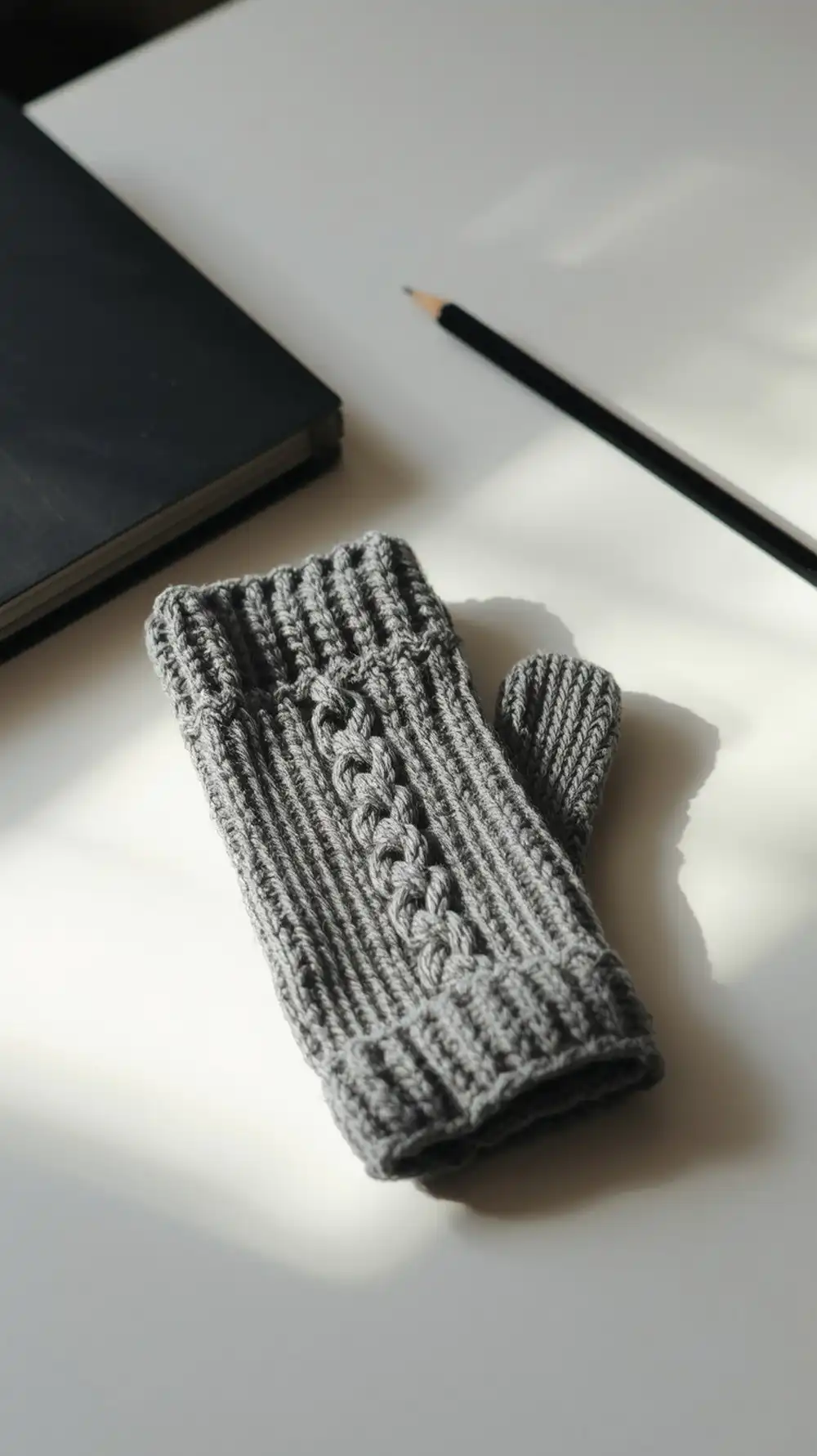 Ups & Downs Fingerless Gloves in heather gray, detailing the ribbed texture and braided accent on the wrist.