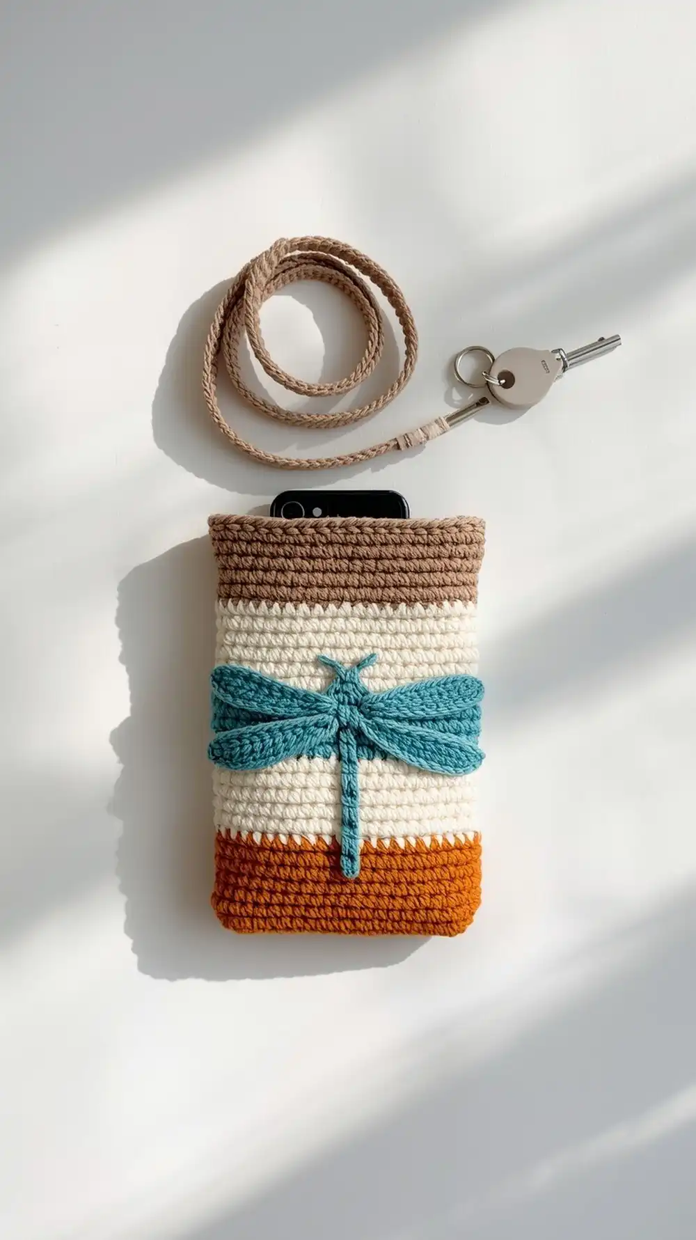 Color-Block Phone Pouch in Ecru, Café au Lait, and Dragonfly cotton, showcasing its clean lines and crossbody strap.