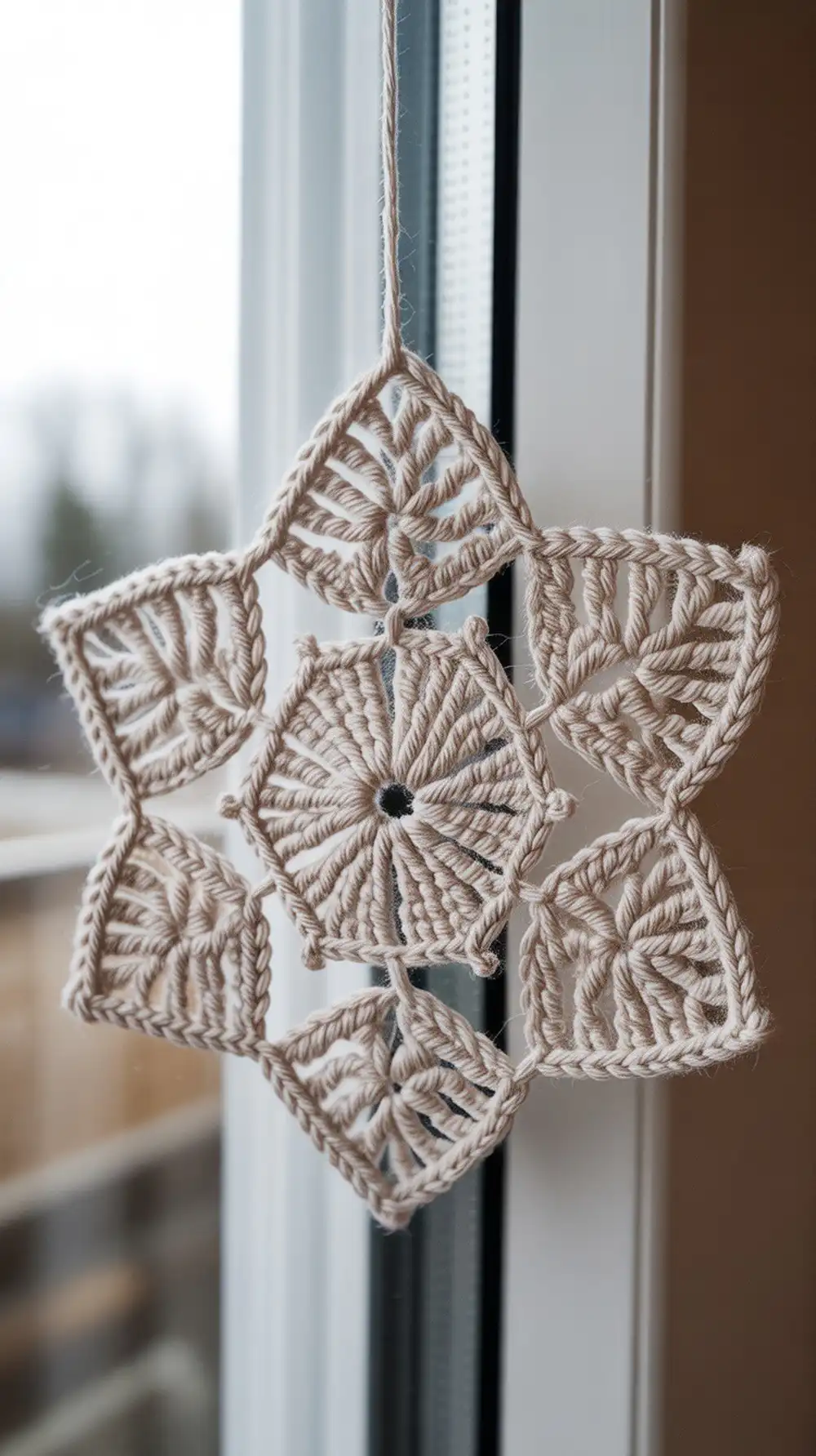 Close-up of a classic, sturdy six-point crochet snowflake made with worsted yarn, ideal for a window charm string.