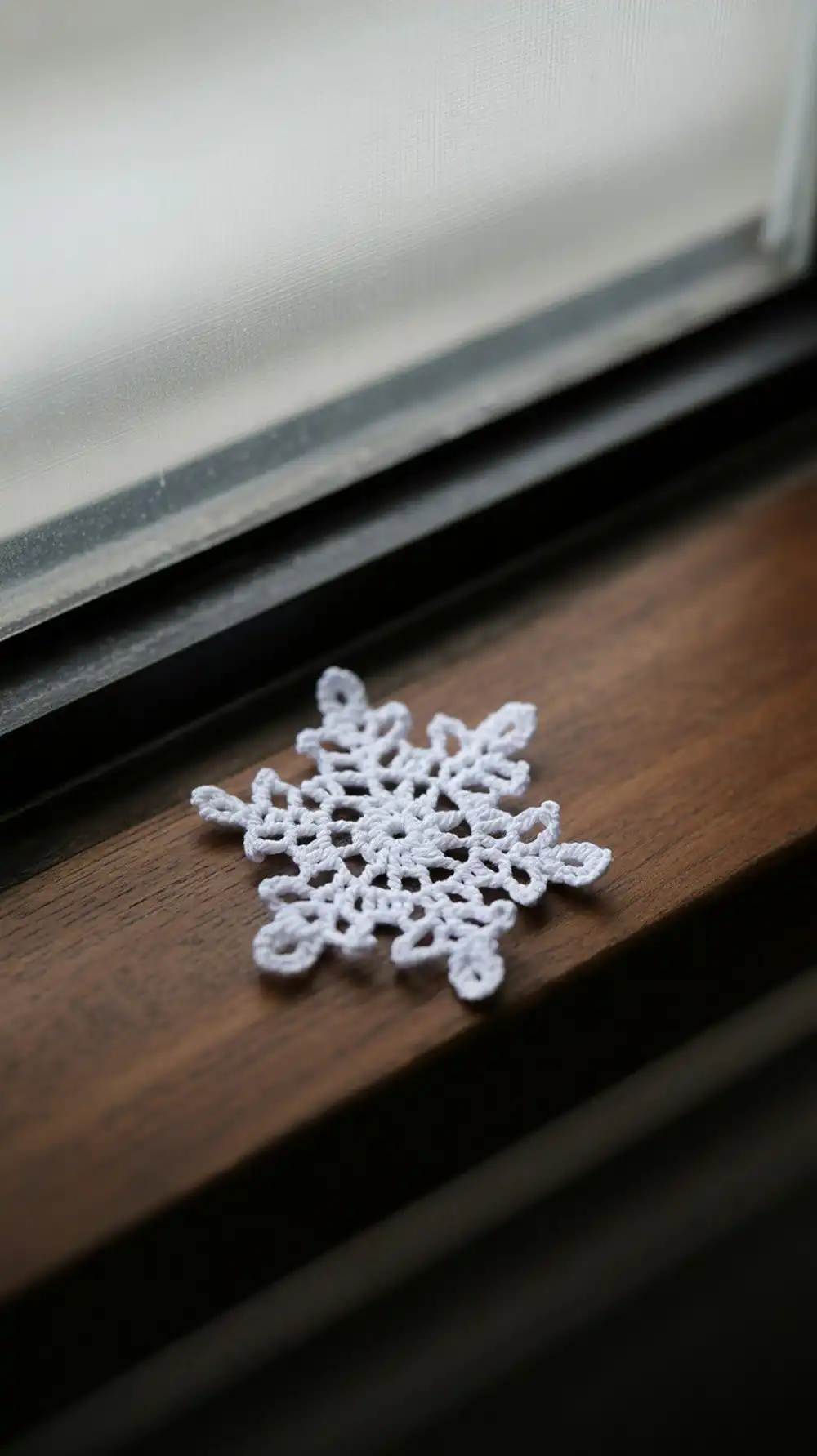 Dainty lovely linen crochet snowflake, a small three-round design perfect for subtle and elegant window garlands.