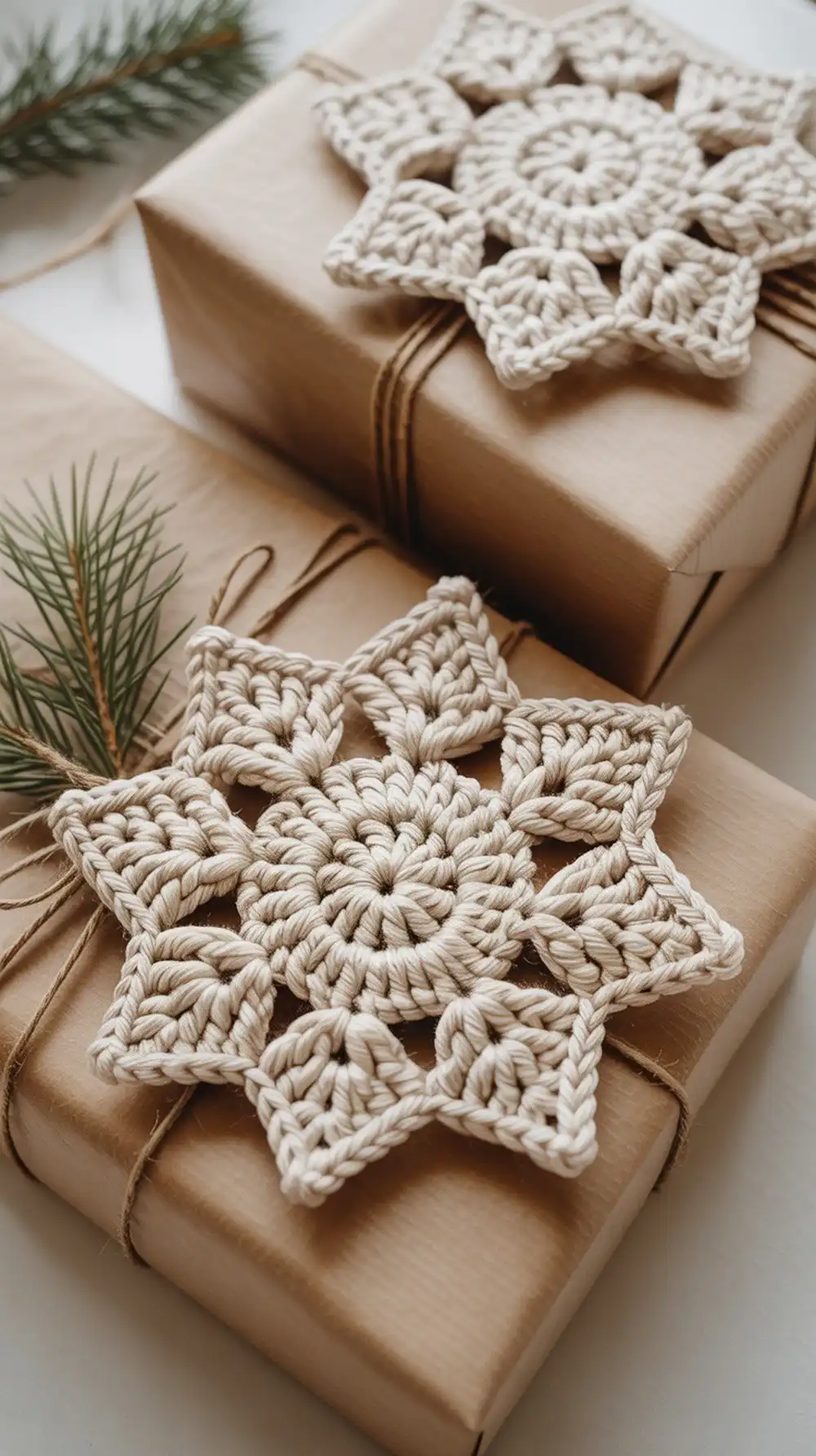Elegant Bella Coco crochet snowflake with trebles and picot accents, shown in cream DK yarn as a luxurious window charm.