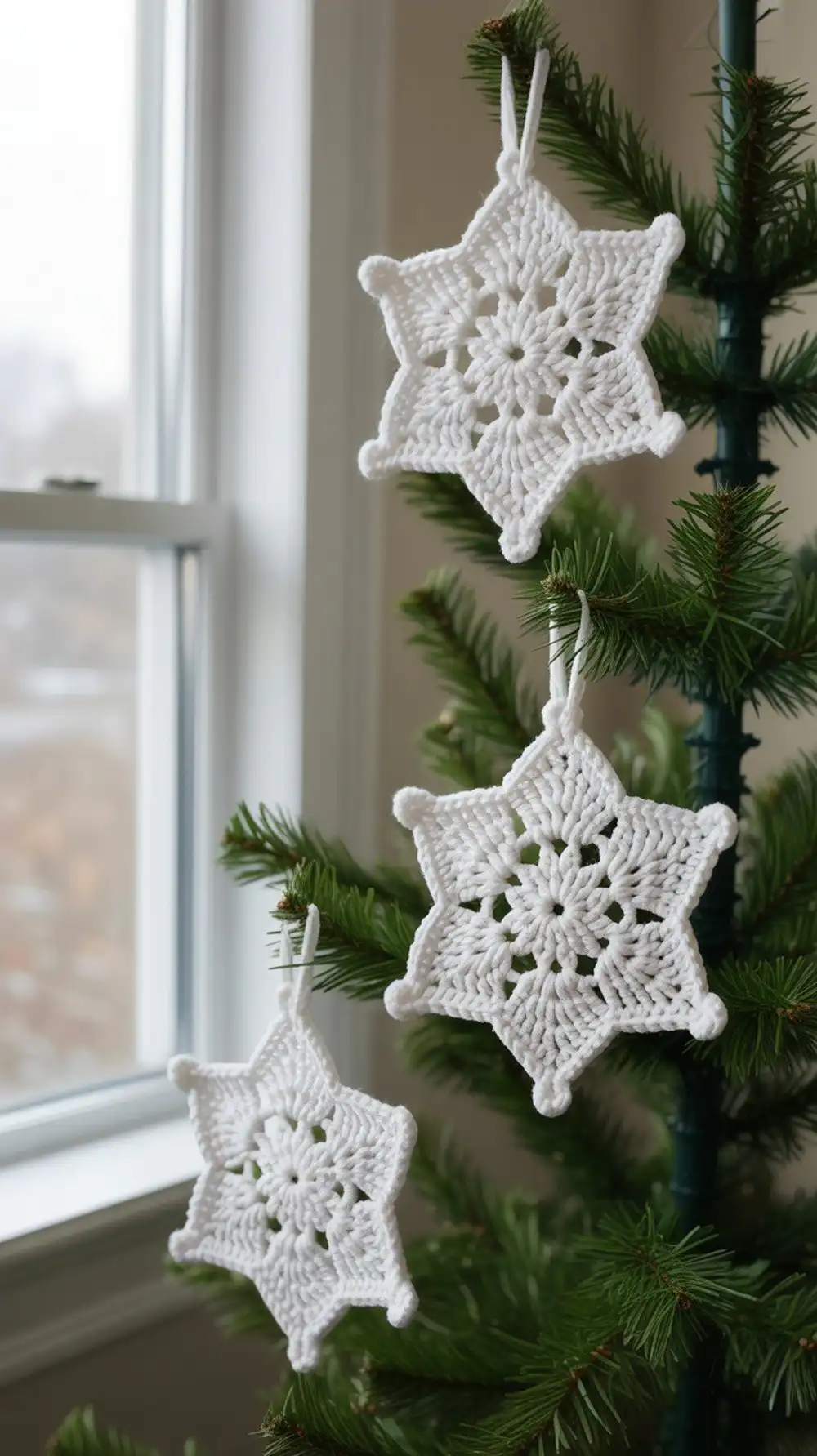 Substantial Red Heart crochet snowflake ornament, clearly visible against glass, great for batch-making window decorations.