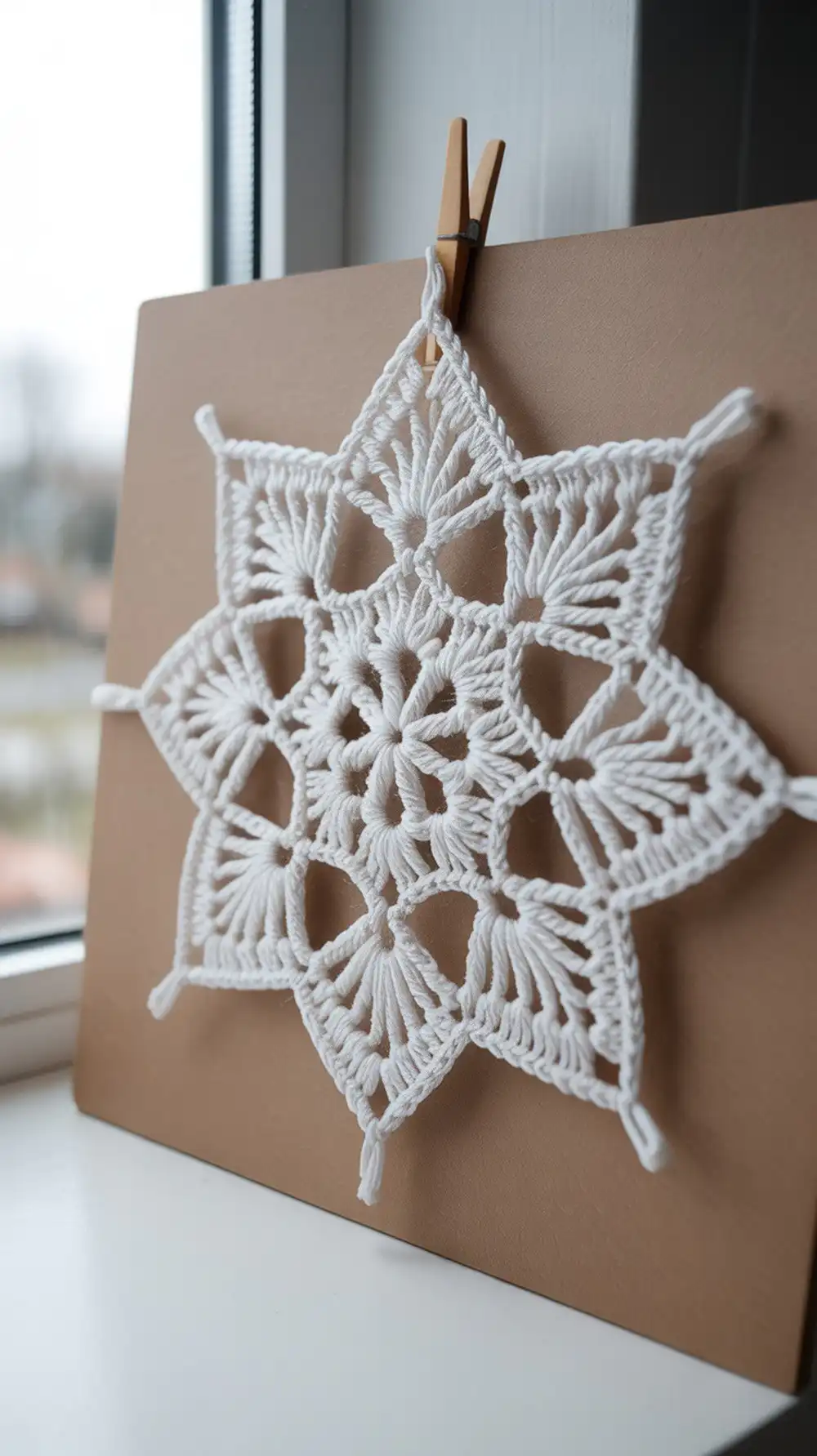 Delicate Crochetpedia “Alba” snowflake with openwork and pointed arms, ideal for an ethereal window cluster.