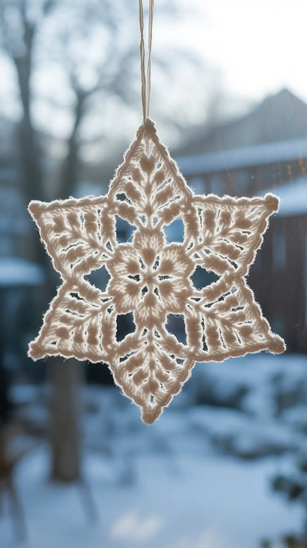Bold Crochetpedia “Blanche” snowflake with granny-style geometry, creating a striking graphic design against glass.