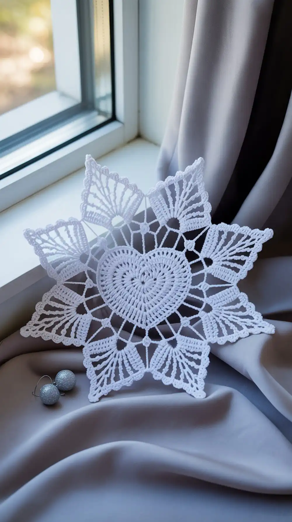 Romantic heart-centered crochet snowflake, a unique twist for cozy or wedding-themed window decor.